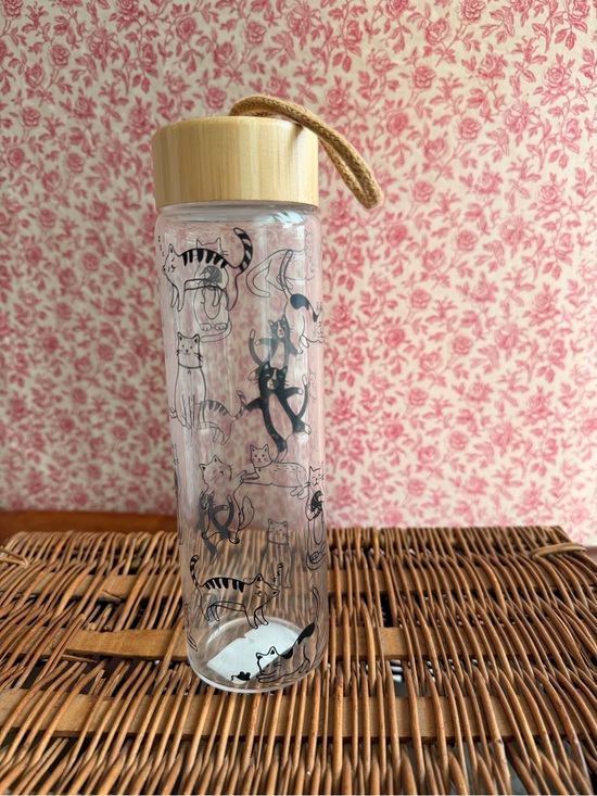 Other - Clear Cat Print Water Bottle with Bamboo Lid - Black Cats